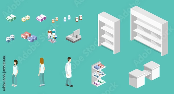 Obraz Set of object yoga and pilates, people are doing sports isometric 3D vector illustration