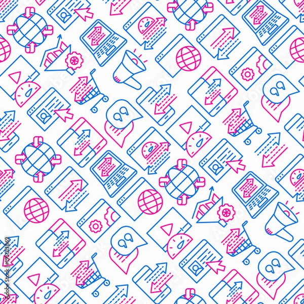 Fototapeta Web traffic seamless pattern with thin line icons: SEO technology, data exchange, sync, click, mobile backup, traffic speed, sales growth. Modern vector illustration.