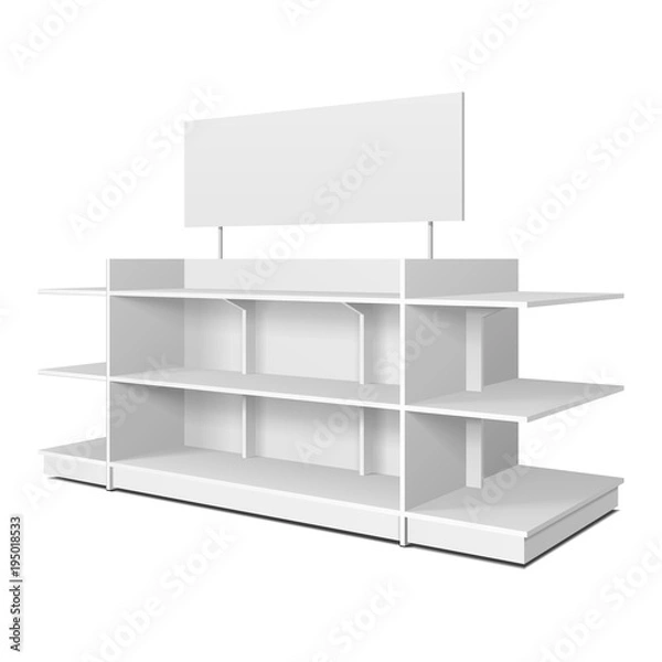 Fototapeta Blank Empty Showcase Displays With Retail Shelves, Trading Rack. Mock Up, Template. Illustration Isolated On White Background. Ready For Your Design. Product Advertising. Vector EPS10.