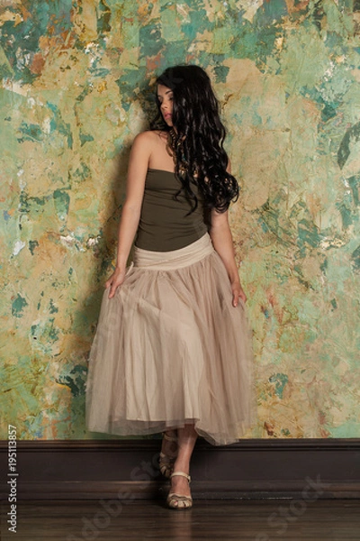 Fototapeta Beautiful Young Brunette Woman Fashion Model on Green Wall Background