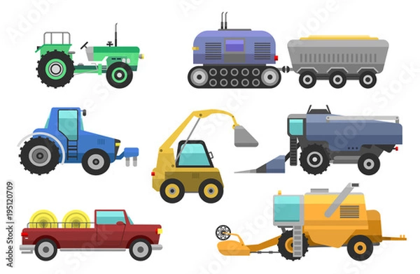Fototapeta Agricultural vehicles harvester vector tractor machine, combines and excavators. Icon set agricultural harvester machine with accessories for plowing, mowing, planting and harvesting tractors