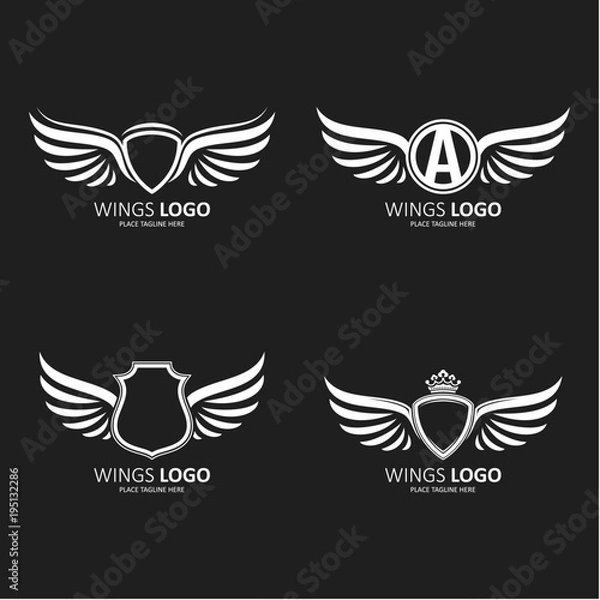 Obraz Set of heraldic winged shields in different shapes with crowns and Initial Letter A icon