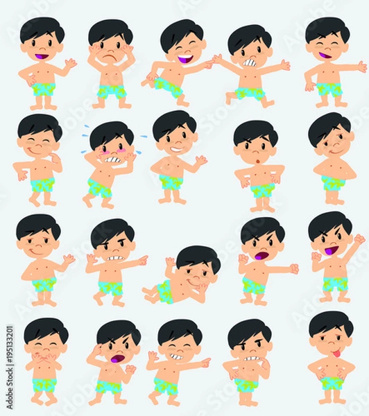 Fototapeta Cartoon character asian boy in a swimsuit. Set with different postures, attitudes and poses, doing different activities in isolated vector illustrations.