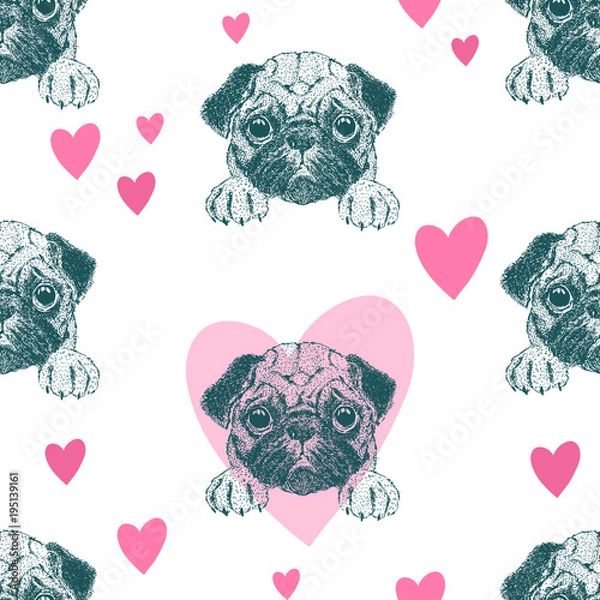 Fototapeta Seamless pattern with pretty pug puppy.