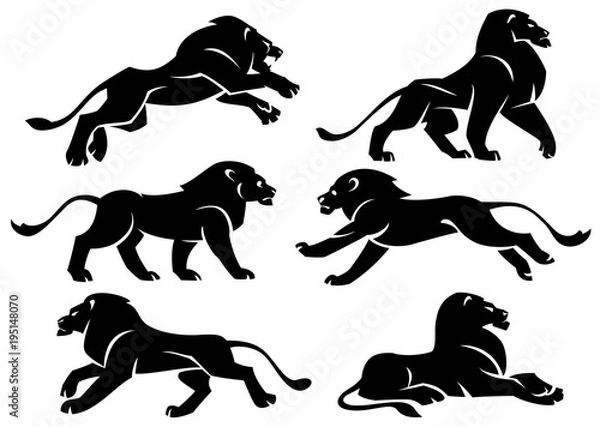 Fototapeta Set of illustrations lions in profile. Stylized vector set on white background.