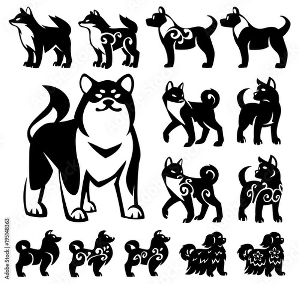 Obraz Stylized, decorative illustrations of Chinese and Japanese breeds of dogs. Black silhouettes on white background.