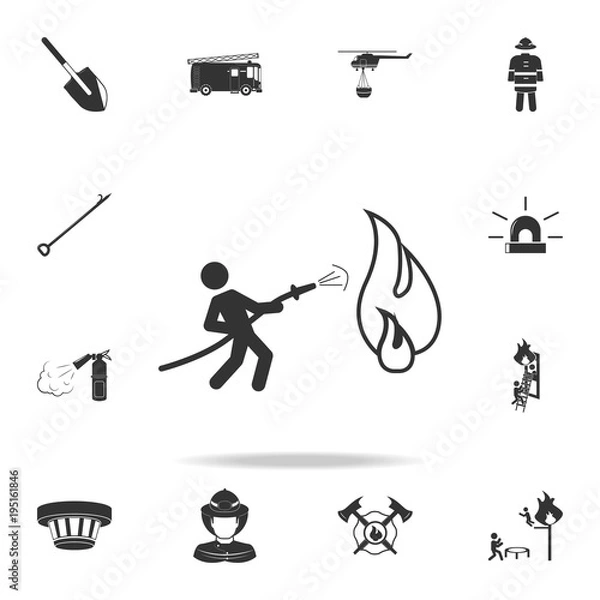 Fototapeta Fireman holding hose extinguishing fire with water icon. Detailed set icons of firefighter element icons. Premium quality graphic design. One of the collection icons for websites