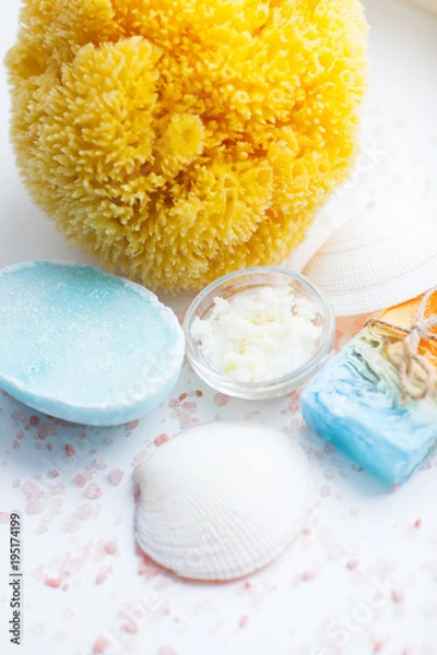 Fototapeta Spa and natural cosmetics concept. Set of skin and body care tools: shea oil, seashells, sponges, soap, clay and seaweed on the white background. Top view. Close up.