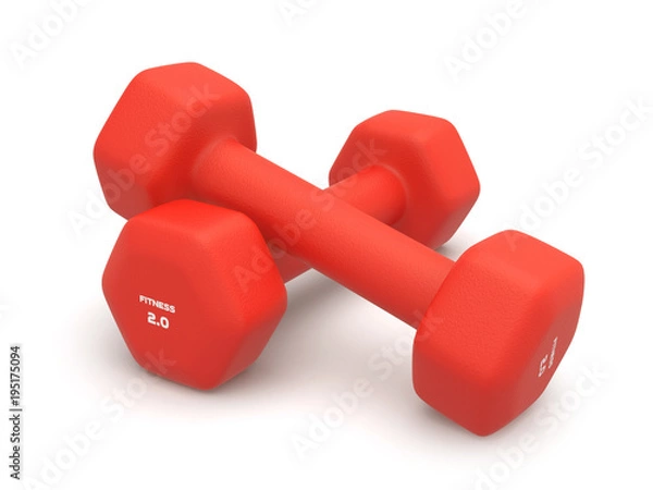 Fototapeta Two matte dumbbells of red color isolated on white with light shadow background 3d illustration