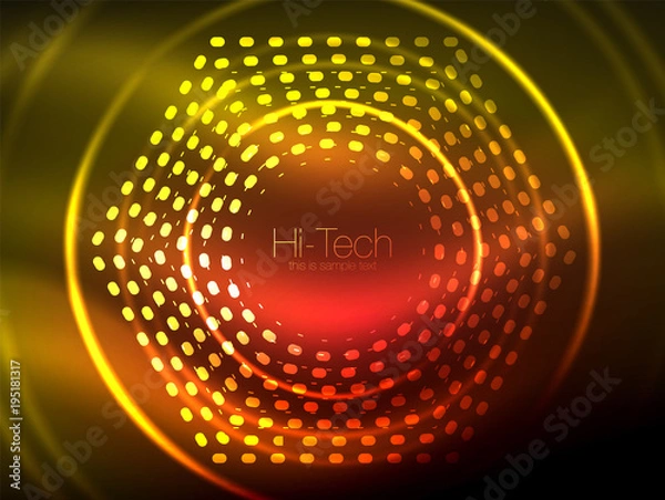 Fototapeta Glowing neon dotted shape abstract background, technology shiny concept design, magic space geometric background