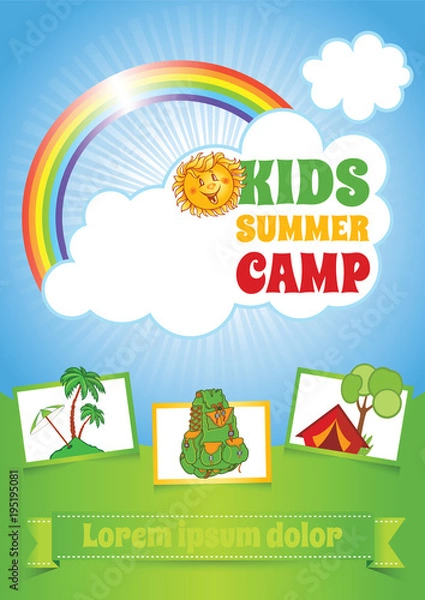 Fototapeta Summer Kid Camp Template, vector background with cartoon smiling sun, rainbow and text blocks