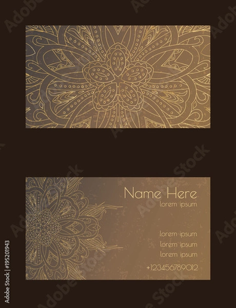 Fototapeta Creative template for designer, photographer or studio. Vector editable pattern with front and back side visit cards. Busines card vith mandala arabesque design doodle and warm colors brown gold grey