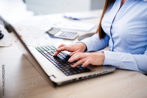 Fototapeta Young female IT typing on laptop