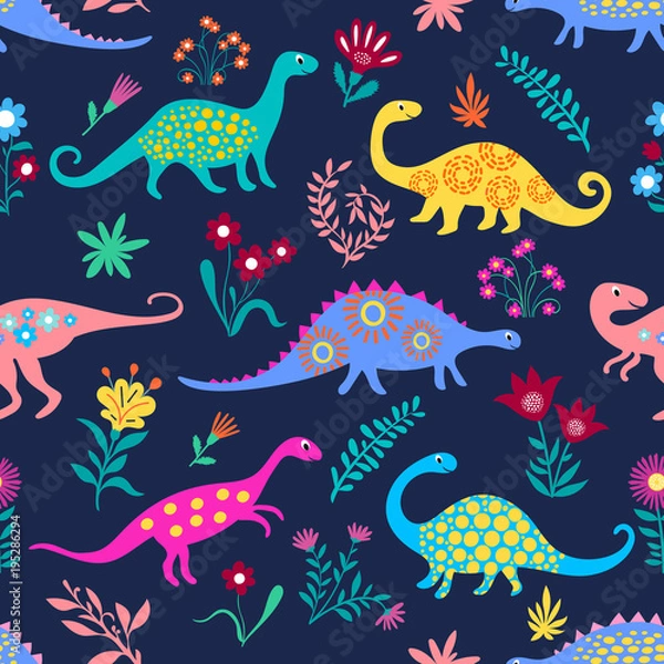Fototapeta Dinosaurs Cute kids pattern for girls and boys, Colorful Cartoon Animals on the abstract seamless background, Artistic Backdrop for textile and fabric.