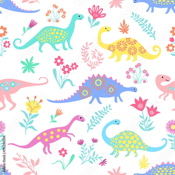 Fototapeta Dinosaurs Cute kids pattern for girls and boys, Colorful Cartoon Animals on the abstract seamless background, Artistic Backdrop for textile and fabric.