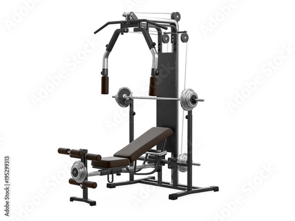 Fototapeta Multifunctional gym machine, angle view isolated on white background. 3D Rendering, Illustration.