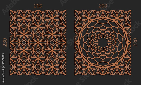 Obraz Laser cutting set. Woodcut vector trellis panels. Plywood lasercut floral design. Hexagonal seamless patterns for printing, engraving, paper cut. Stencil lattice ornaments.