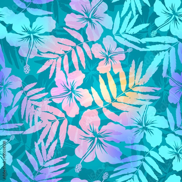 Obraz Turquoise blue and pink colors tropic flowers and leaves silhouettes vector seamless pattern