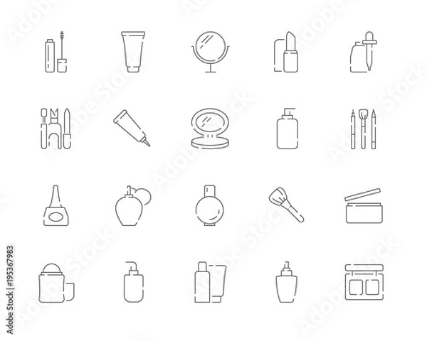 Fototapeta Simple set of Cosmetic products and Makeup vector line web icons. Contains such Icons as Lipstick, Eyeshadow, Oil, Cream and more. Editable Stroke. 48x48 Pixel Perfect.