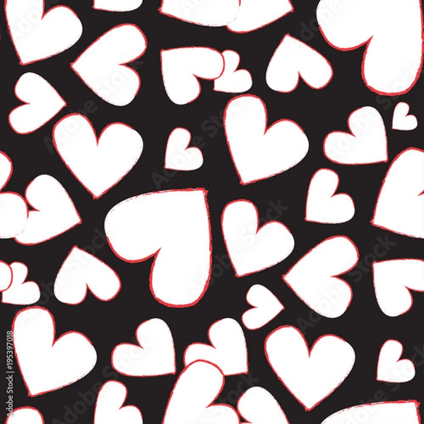 Fototapeta Abstract seamless heart pattern. Vector, minimalist white hearts on black background