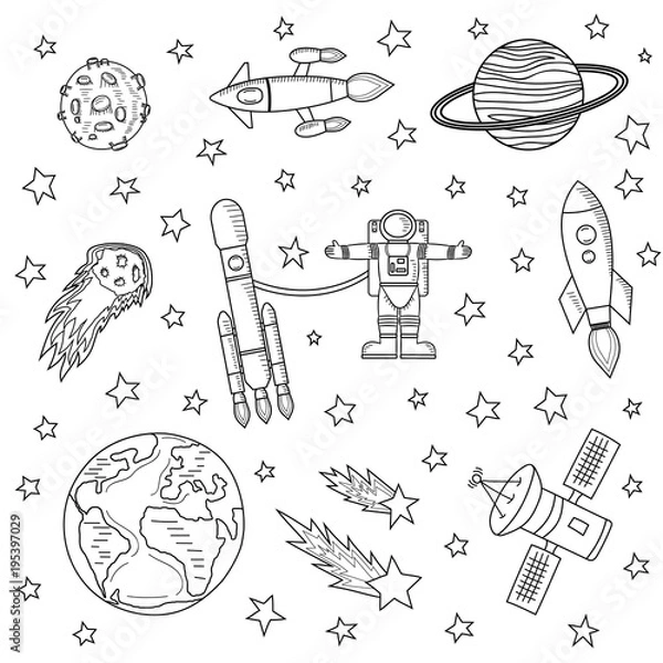 Fototapeta Stars and meteorites, space ships and astronaut, satellites on a white background. Sketch of the drawing, colorless. Vector illustration. Template on the theme of space