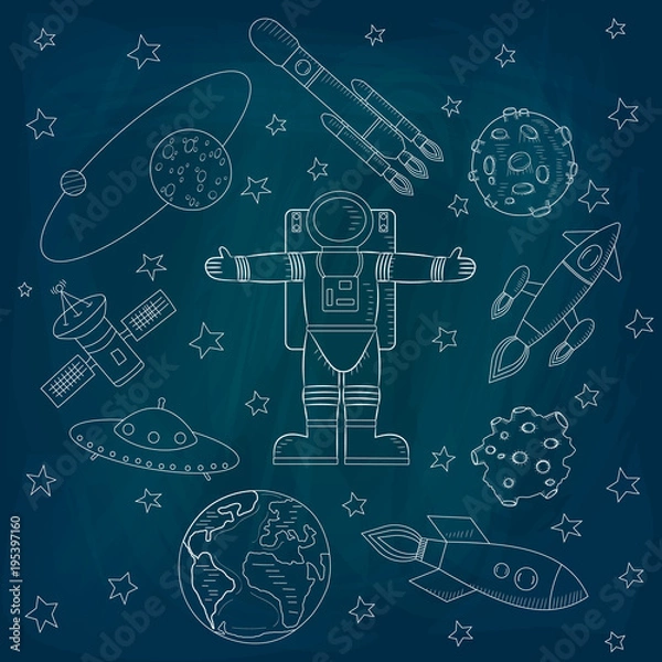 Fototapeta In the center of the picture is an astronaut, stars and meteorites, spaceships and a flying saucer, satellites on a blue background. Sketch of the drawing. Vector illustration
