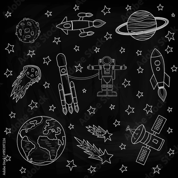 Fototapeta Planets, stars and meteorites, rockets and astronaut, satellites. Vector illustration. Drawing chalk on a blackboard. Template on the theme of space