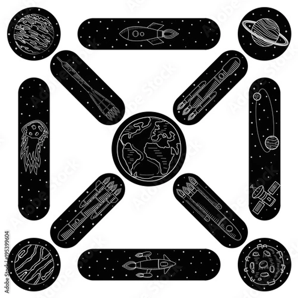 Fototapeta The pattern of the cosmos. Spacecraft, Earth, Moon, planets, satellites and stars. Sketch of drawing, white outline on black background, vector illustration