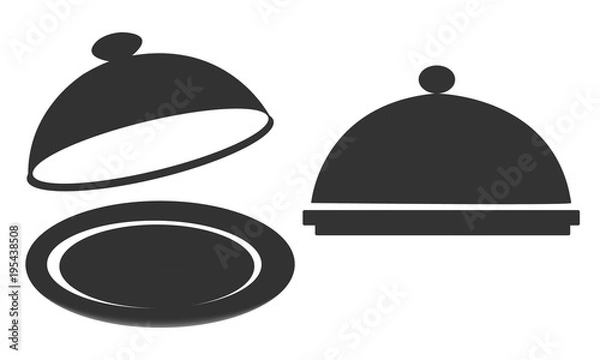 Obraz Plate. Black icon. Open empty metal silver platter and cloche with space to place object isolated on white background. Steel dish with cover for hot service at the restaurant. Vector illustration.