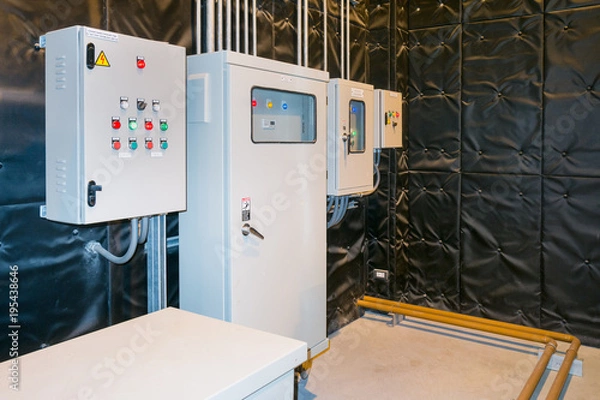 Fototapeta Electrical Room, medium and high voltage switcher, equipment, panel to control and protect the electrical equipment and system by fuse, circuit breaker, control panel at power plant and substation