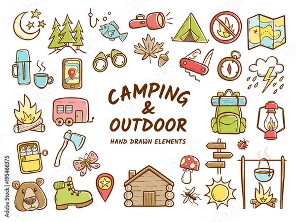 Obraz Ręcznie rysowane elementy camping i rekreacji na świeżym powietrzu, izolowana na białym tle. Śliczne tło pełne ikon, idealne na ulotki i plakaty na obozy letnie. Ilustracji wektorowych.