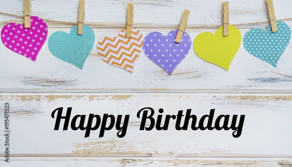 Fototapeta Happy Birthday Greeting Card with Colorful Hanging Paper Hearts 