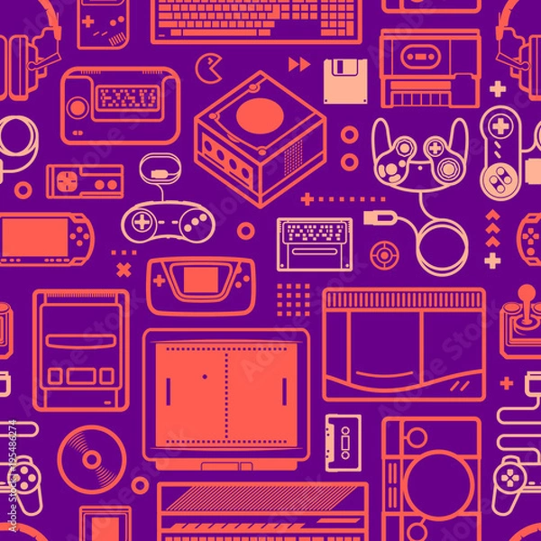 Fototapeta Vector seamless pattern with oldschool gaming objects. Color schematic lines.