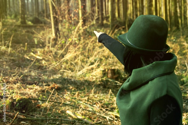 Obraz Elegant female ranger points into the distance of her forest