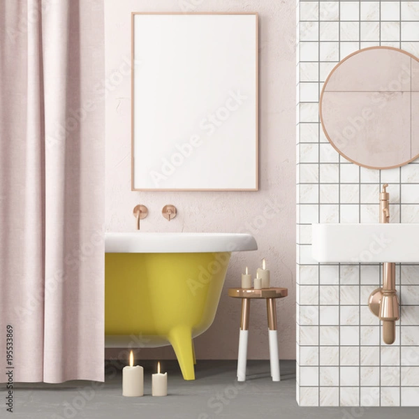 Fototapeta Mock up poster in the bathroom in a vintage style. Trend color. 3d.