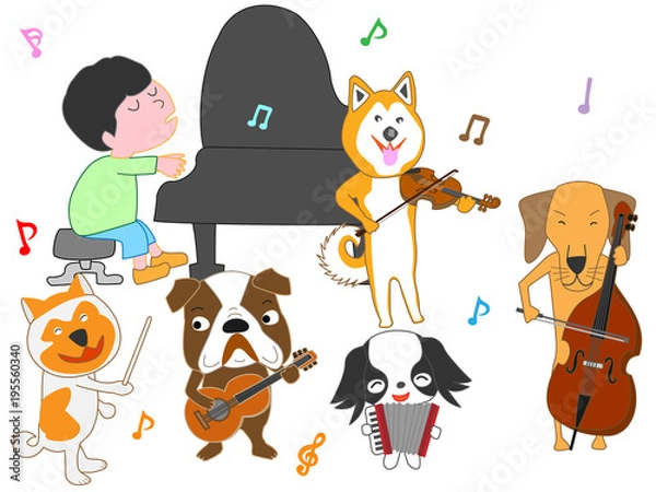 Fototapeta 犬のコンサート。犬と子供が歌ったり、楽器を演奏している。