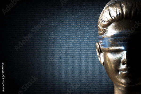 Fototapeta Lady justice on digital background (Concept of artificial intelligence lawyer)