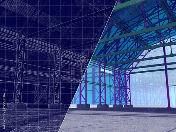 Fototapeta 3D rendering and blueprint. The project hangar, warehouse, garage with glazing. Drawing on a blue background.