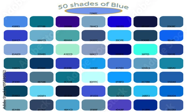 Obraz Palette art of blue color. Blue tones and shades. 50 shades of blue color isolated on white background. Color backgrounds with codes. Vector illustration. 