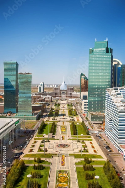 Fototapeta Government district and central walk park zone in Astana, Kazakhstan view from observation tower - Bayterek