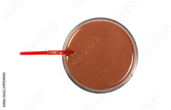 Fototapeta Chocolate milk in glass with red drinking straw isolated on white background