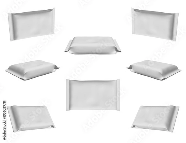 Obraz 3D realistyczne renderowanie chusteczek nawilżanych z cieniem na białym tle. W różnych widokach. Szablon do projektowania.