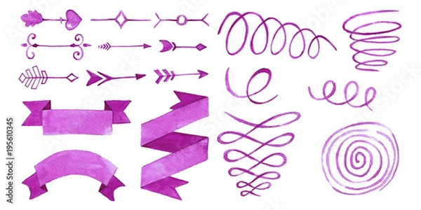 Fototapeta Arrows, banners of ribbons, spirals and springs in watercolors.