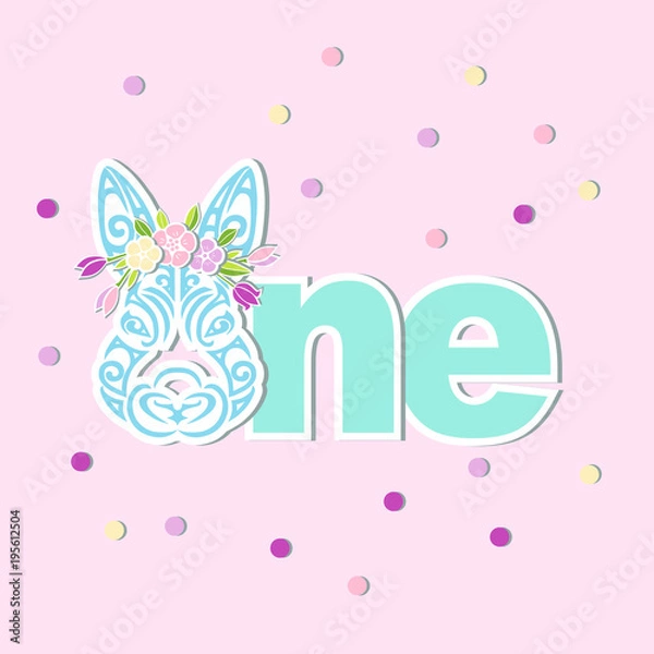 Fototapeta Vector illustration One with Bunny head, flower wreath. Template for Baby Birthday, party invitation, greeting card, t-shirt design. Cute One as First year anniversary logo, patch, sticker.