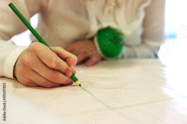Fototapeta Seamstress, tailor, cutter with ruler and pencil. Pattern. Needles