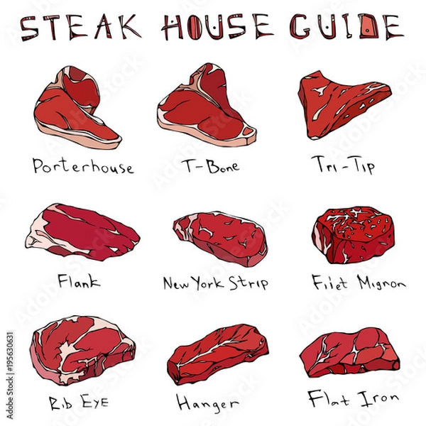 Fototapeta Most Popular Steak Types Set. Beef Cuts. Top Meat Guide for Butcher Shop or Steak House Restaurant Menu. Hand Drawn Illustration. Savoyar Doodle Style. Porterhouse, T-bone, New York Strip, Rib Eye.