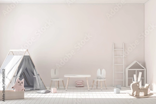Fototapeta Wall mockup in game kids room 3d rendering 