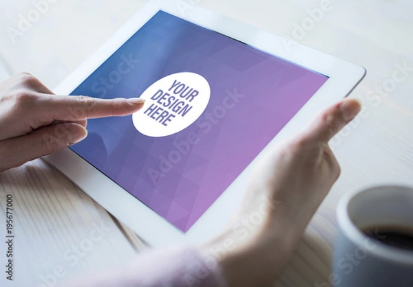 Fototapeta User with Tablet and Coffee on Wooden Table Mockup 2