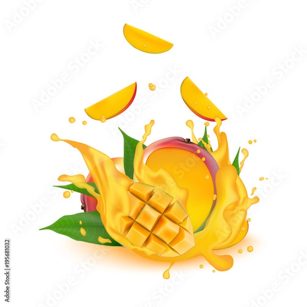 Fototapeta Juice milk yogurt mango cubes splashing. Juicy mango splash packaging template. Falling slices.