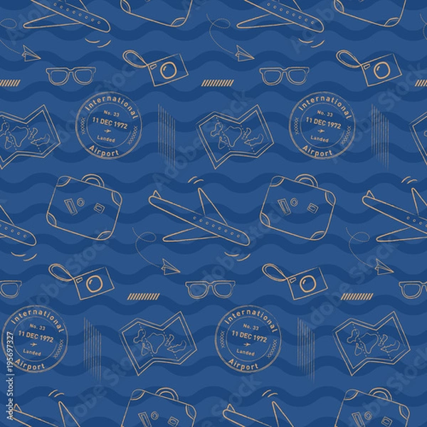 Fototapeta Doodle airplane travel pattern with wavy background. Playful, luxury, and flexible doodle pattern for brand who has fun style. The art vector graphic can be repeated.